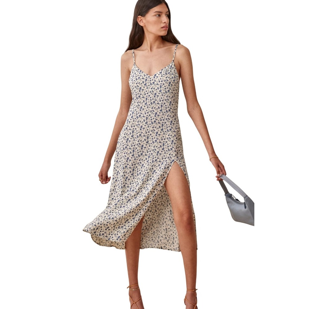 Reformation Crimini Dress Gracie ditsy Floral Blue Cream Midi Slip Slit Size 6